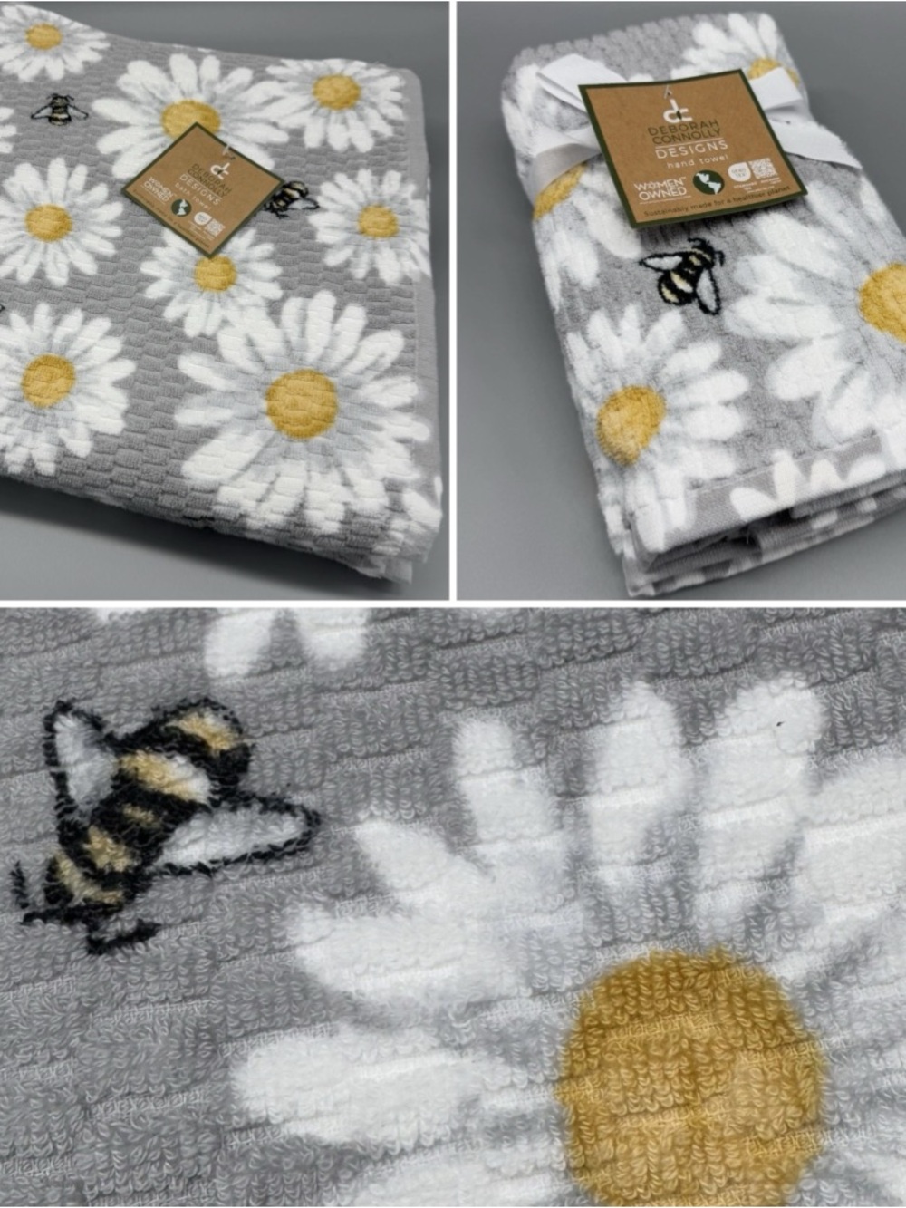 4pc Deborah Connolly Bumble Bee Bath Hand Towel Set Gray Daisy Floral Textured